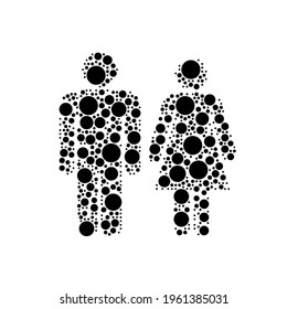 A large man with woman symbol in the center made in pointillism style. The center symbol is filled with black circles of various sizes. Vector illustration on white background