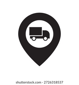 Grande pin de mapa con un camión para la ubicación de entrega en tiempo real.