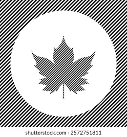 A large maple leaf symbol in the center as a hatch of black lines on a white circle. Interlaced effect. Seamless pattern with striped black and white diagonal slanted lines