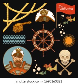 Large marine image collection. Pirate, ship steering wheel, fish, waves, sun, skull with bones, flag, captain's cap, epaulet, fragment of rigging, ropes. Vector set