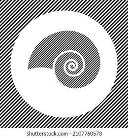 A large marine nautilus symbol in the center as a hatch of black lines on a white circle. Interlaced effect. Seamless pattern with striped black and white diagonal slanted lines