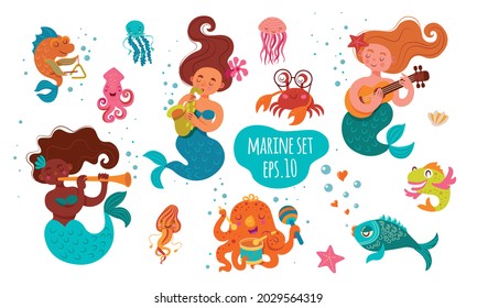 Large marine set. The mermaid who plays the guitar, the mermaid who plays the saxophone, the dark-skinned mermaid plays the pipe. Diverse fish, octopus plays the drum, jellyfish, crab, starfish.