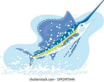 Large marine swordfish in splashes, jumping out of water in a tropical sea, vector cartoon illustration isolated on a white background