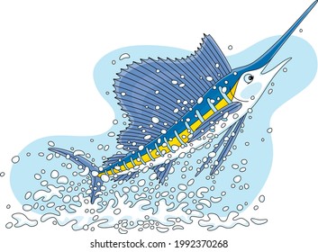 Large marine swordfish in splashes, jumping out of water in a tropical sea, vector cartoon illustration isolated on a white background
