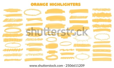 Large marker orange set, brush pen hand drawn underline. Highlighter collection, brush lines, isolated. Vector highlighter graphic stylish element. Watercolor orange hand drawn highlight set.