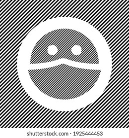 A large masked face symbol in the center as a hatch of black lines on a white circle. Interlaced effect. Seamless pattern with striped black and white diagonal slanted lines