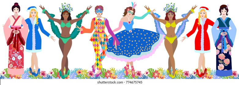 Large masquerade set. Group of people in carnival costumes. Snow girls, Japanese women in kimono, Brazilian dancers, harlequin. Vector design for posters, banners, cards and invitations.