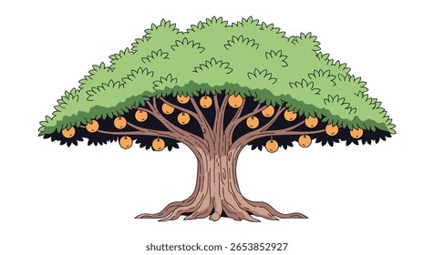 Uma grande árvore caduca madura com um vasto dossel repleto de muitos frutos maduros em seus ramos em um ambiente natural ao ar livre ilustrando crescimento saudável e abundância