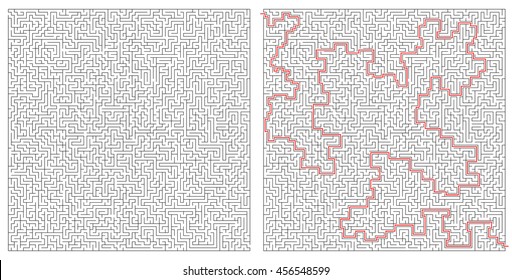 Large maze conundrum and maze solution scheme. Vector illustration. Only one right way. There is open passage to any part of jigsaw. High level of difficulty. Children's puzzle with entrance and exit.