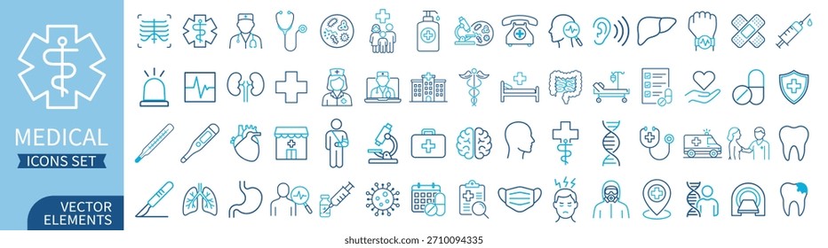 Grande conjunto de iconos médicos con doctores, órganos, equipos, símbolos hospitalarios, píldoras, jeringuillas y Elementos de emergencia sobre fondo transparente