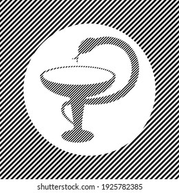 A large medicine symbol in the center as a hatch of black lines on a white circle. Interlaced effect. Seamless pattern with striped black and white diagonal slanted lines