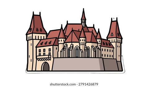 Large medieval castle with red roofs