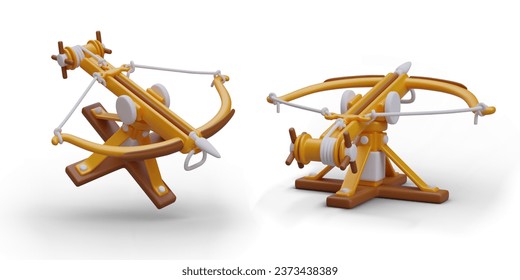 Gran ballesta medieval con base de tierra. Bowstring está estirado, la flecha está coqueta. Tornillo de crudo. Ilustración vectorial para juegos web, sitios, aplicaciones. Imagen detallada, vista frontal y posterior