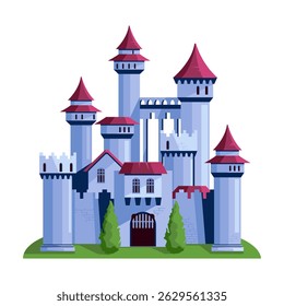 Large medieval fantasy castle with red-roofed towers, cartoon style, on green grassy hill and white background. Concept of fairy tale. Vector illustration
