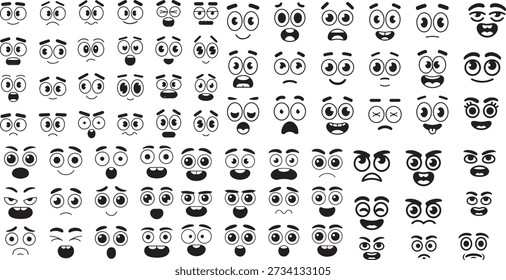 Large mega set of cartoon facial expressions and emoticons. Hand-drawn vector collection of diverse character faces featuring various eyes and mouths representing emotions like joy, anger, shock, boredom, and curiosity. Ideal for mascot creation, UI design, and comic book illustrations.