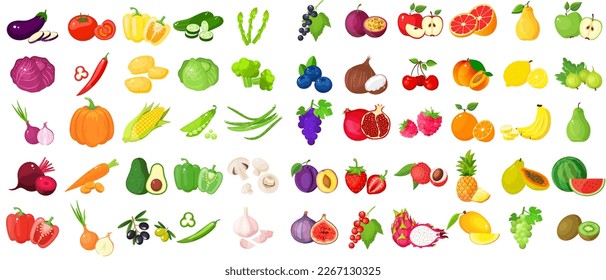 A large mega set of vegetables and fruits in a juicy cartoon style. The concept of healthy food and products. A bright element for your design. Tomato, cucumber, apple, plum, passion fruit, coconut