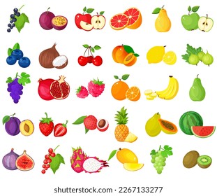 A large mega set of vegetables and fruits in a juicy cartoon style. The concept of healthy food and products. A bright element for your design.