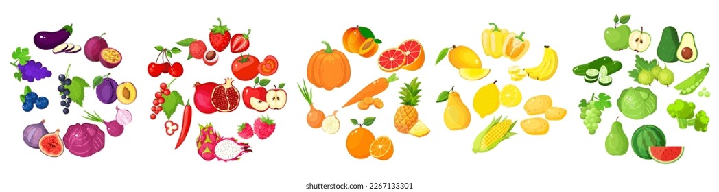 A large mega set of vegetables and fruits in a juicy cartoon style. The concept of healthy food and products. A bright element for your design.