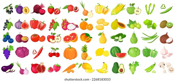 A large mega set of vegetables and fruits in a juicy cartoon style. The concept of healthy food and products. A bright element for your design.