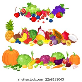 A large mega set of vegetables and fruits in a juicy cartoon style. The concept of healthy food and products. A bright element for your design.