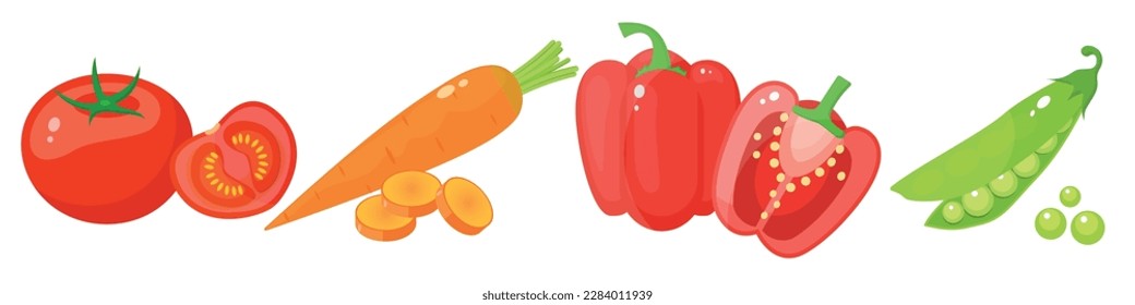 Un gran mega set de verduras y frutas al estilo de una caricatura jugosa. El concepto de alimentos y productos saludables. Un elemento luminoso para el diseño.