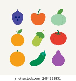 A large mega set of vegetables and fruits in a juicy cartoon style. The concept of healthy food and products. A bright element for your design. Tomato, cucumber, apple, plum, passion fruit, coconut