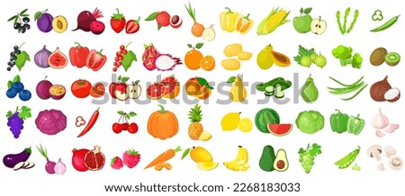 A large mega set of vegetables and fruits in a juicy cartoon style. The concept of healthy food and products. A bright element for your design.