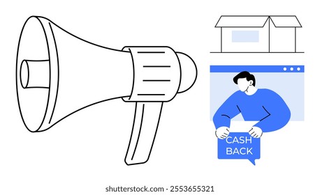 Large megaphone beside storefront with a person holding cashback sign on computer screen. Ideal for digital advertising, e-commerce promotions, online sales, marketing strategies, customer