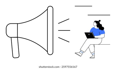 Large megaphone broadcasts message while woman with laptop listens attentively. Ideal for marketing, communication, social media, advertising, digital marketing, content creation, business strategy