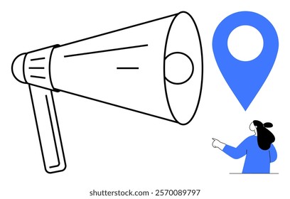Large megaphone connects to a location pin and a woman pointing. Ideal for marketing advertising promotion location services and navigation. Simple and modern style uses white black and blue colors