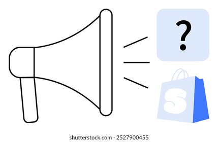 Large megaphone is displayed with sound lines pointing towards a question mark in a blue square and a blue shopping bag with an S logo. Ideal for sale announcements retail promotions advertising