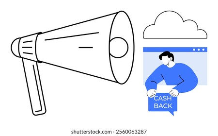 Large megaphone and person holding cashback sign within a browser window under a cloud. Ideal for marketing, promotions, online sales, advertisement campaigns, and e-commerce incentives. Simple