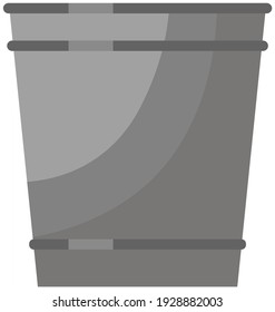 Large metal bucket without handle isolated on white background. Container for carrying and storing objects. Deep iron bucket with stripes. Empty gray steel container flat vector illustration
