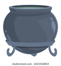 Large metal cauldron filled with green potion standing on a tripod, isolated on white background