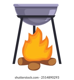 Large metal cooking pot heating on campfire with burning logs, for camping or surviving concept