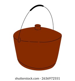 Large metal cooking pot with lid and handle, commonly used for outdoor cooking, camping, and food preparation over fire. Rustic design for travel or survival themes. Vector Stock Illustration.
