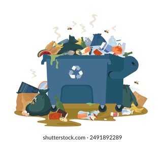 Large metal garbage container with unsorted trash. Decaying garbage and trash bags left lying around dump that smells ugly and started to decompose. Vector Illustration isolated on white.