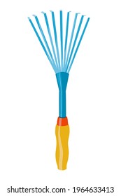 Gran rastrillo de jardín de metal con goma o mango de plástico. Herramienta de jardín para palas, escombros. Ilustración vectorial.