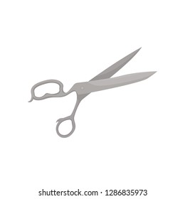 Large metal scissors. Dressmaker shears. Cutting instrument with long open blades. Tool for sewing. Flat vector icon