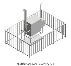 Uma grande estrutura metálica Estação de distribuição de gás é cercada por uma cerca. A cerca é de metal e alta. Vista isométrica. 3D