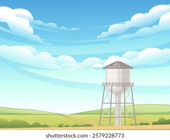 Large, metallic water tower with a cylindrical tank and reinforced steel framework. Tall elevated structure for water storage. Vector illustration with rural landscape background