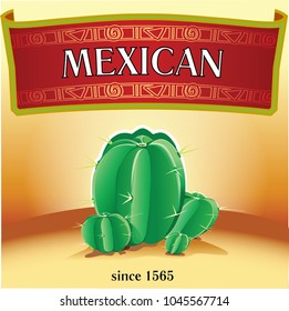Large Mexican cactus on Mexican desert background framed with Mexican patterns. Label banner template.
