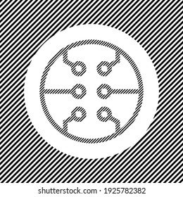A large microcircuit symbol in the center as a hatch of black lines on a white circle. Interlaced effect. Seamless pattern with striped black and white diagonal slanted lines