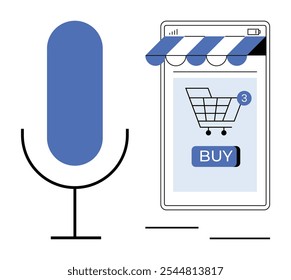 Large microphone next to a smartphone screen showing a shopping cart with badge and buy button. Ideal for mobile commerce, voice assistants, e-commerce trends, online shopping, technology