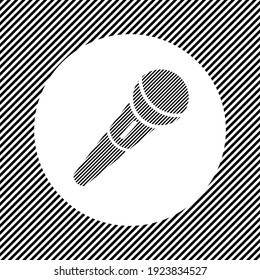 A large microphone symbol in the center as a hatch of black lines on a white circle. Interlaced effect. Seamless pattern with striped black and white diagonal slanted lines