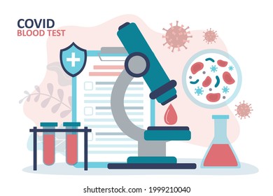 Microscopio grande con gota de sangre para examen. Tubos con muestra de sangre. Prueba de coronavirus. Diferentes equipos médicos. Investigación de laboratorio. Concepto de pruebas y atención médica. Ilustración del vector
