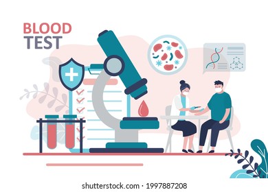 Large Microscope With Plasma Sample For Research. Male Character Donates Blood For Analysis. Doctor In Mask Conducts Medical Procedure. Concept Of Blood Test And Medicine. Flat Vector Illustration