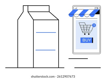 A large milk carton next to a mobile phone displaying an online store with a shopping cart and buy button. Ideal for ecommerce, online shopping, grocery delivery, mobile apps, and digital retail