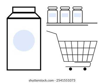 Grande cartón de leche junto a un Carrito de compras con tres frascos en un estante. Ideal para temas de compras de comestibles, tiendas en línea, empaques de productos, promociones minoristas y anuncios de supermercados. Sencillo