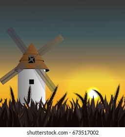 A large mill on a wheat field in the rays of the setting sun. Dawn at the time of harvest. Thanksgiving Day. Autumnal vector landscape can be used in newsletter, brochures, postcards, banner.
